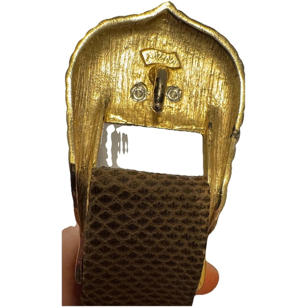 JUDITH LEIBER Taupe Gold SNAKESKIN Leather Adjustable BELT Crown BUCKLE Signed M - Picture 9 of 11
